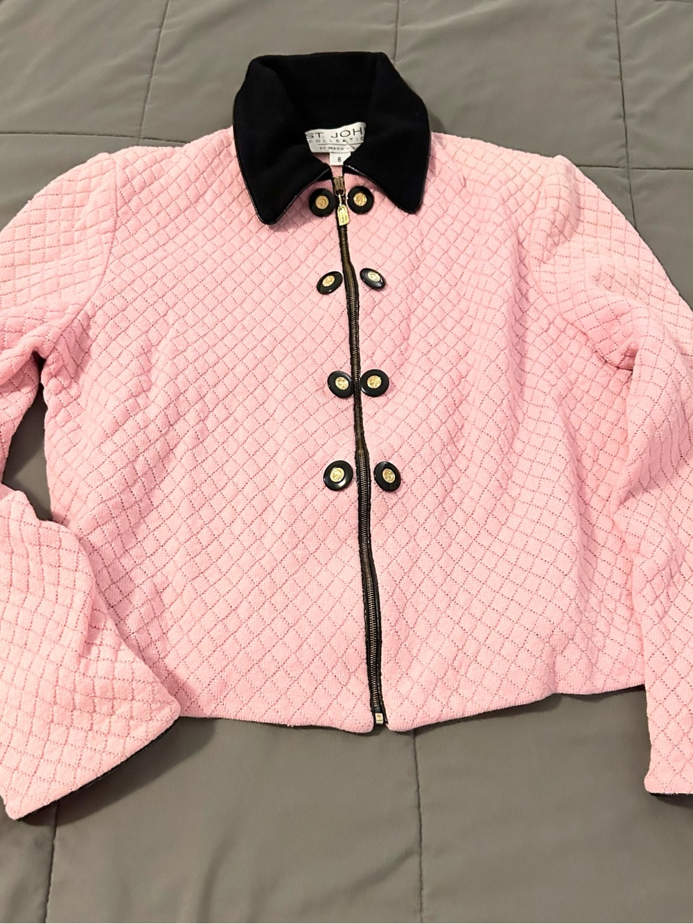 St. John Women’s Pink Quilted Jacket with Black Collar and Gold Accents